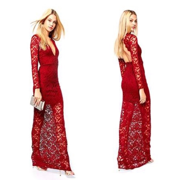 EUC Red Lace Cocktail Maxi Dress - Picture 1 of 1